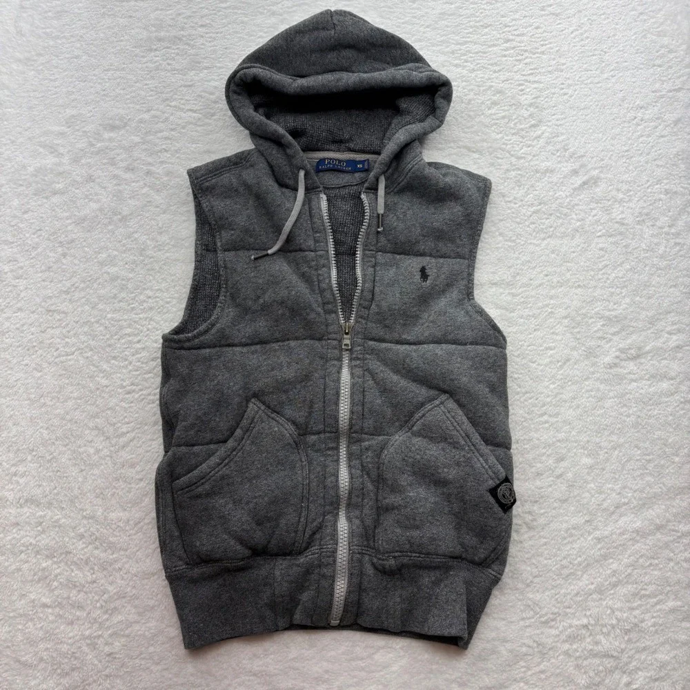 Polo Ralph Lauren Mens XS Gray Quilted Hooded Puffer Vest Zip Up Sleeveless